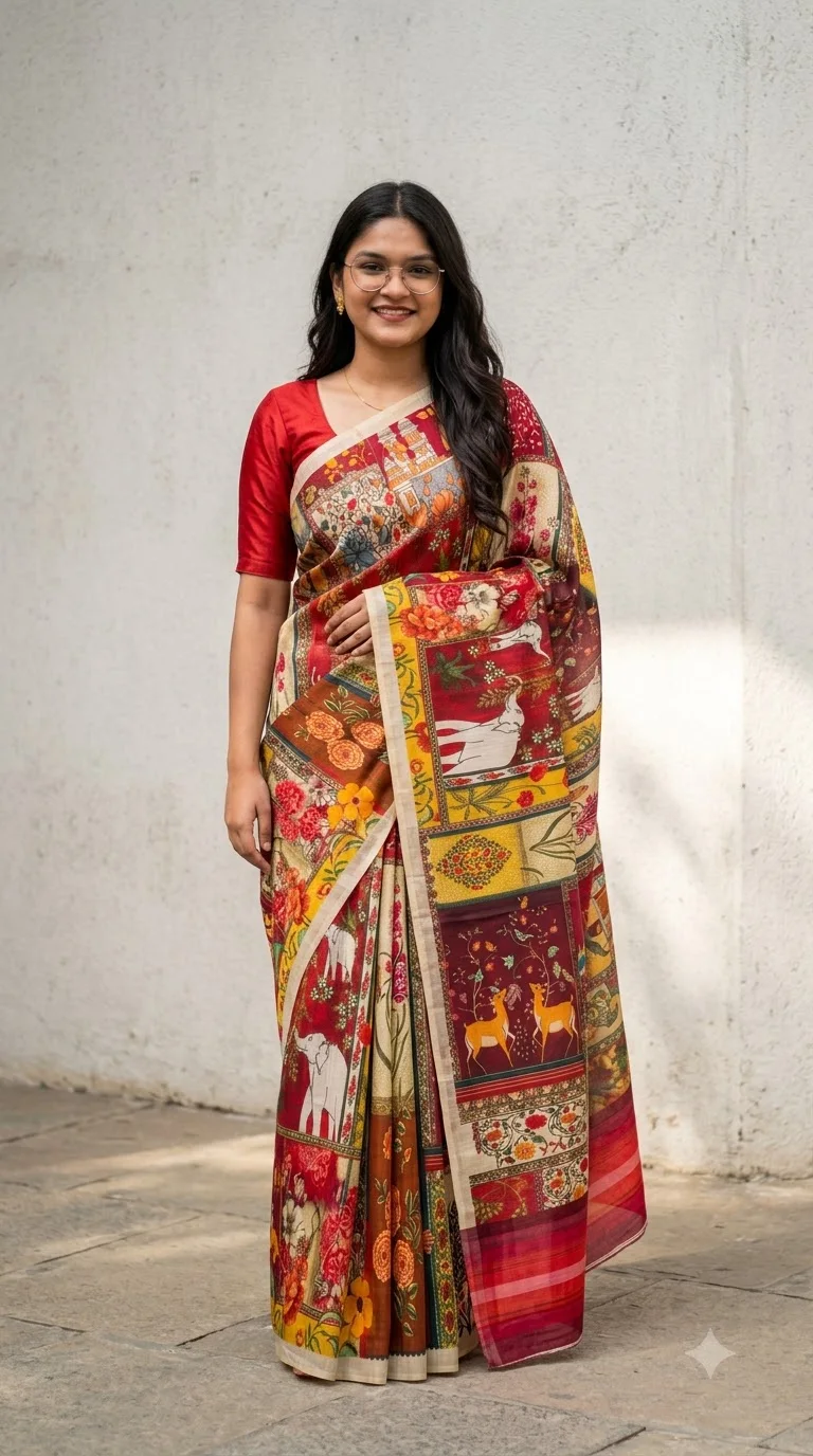 Vermilion Patachitra Panel Saree, patachitra art sarees at Handloom Garden, Swargadwar, Puri
