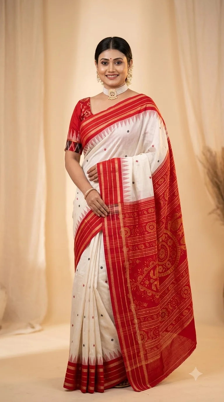 White & Red Sambalpuri Saree, sambalpuri ikat sarees at Handloom Garden, Swargadwar, Puri