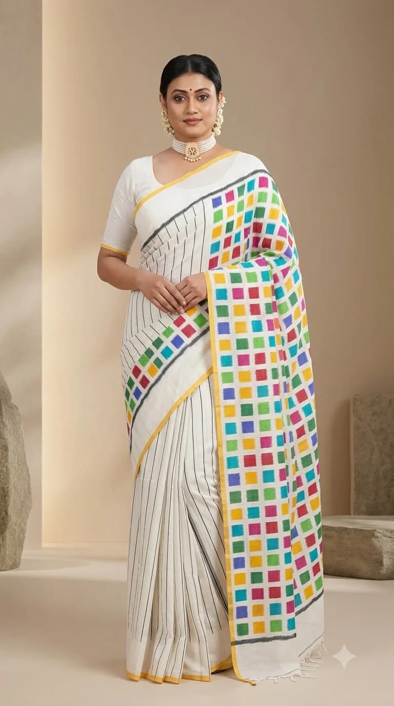 White Pasapalli Rainbow Check Saree, Pasapalli saree at Handloom Garden Puri