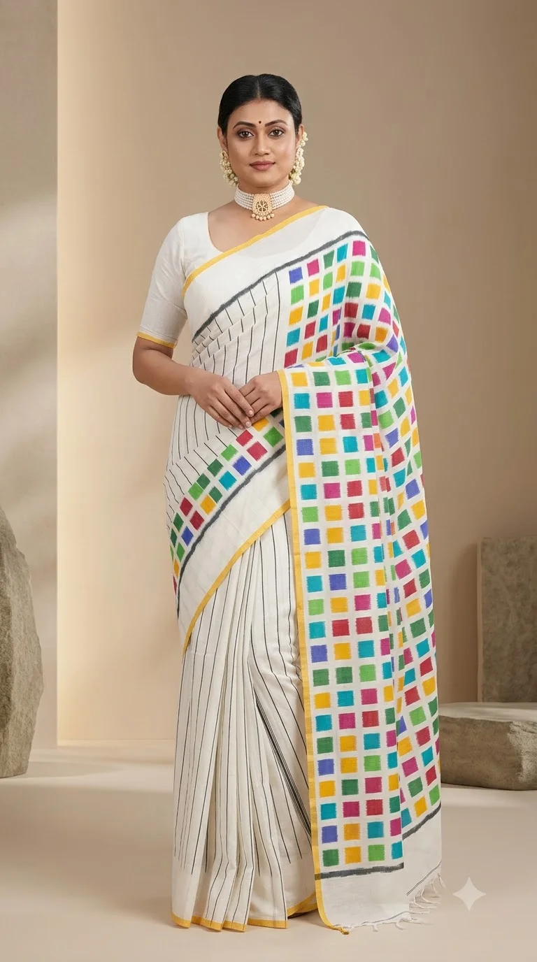 White Pasapalli Rainbow Check Saree, pasapalli sarees at Handloom Garden, Swargadwar, Puri