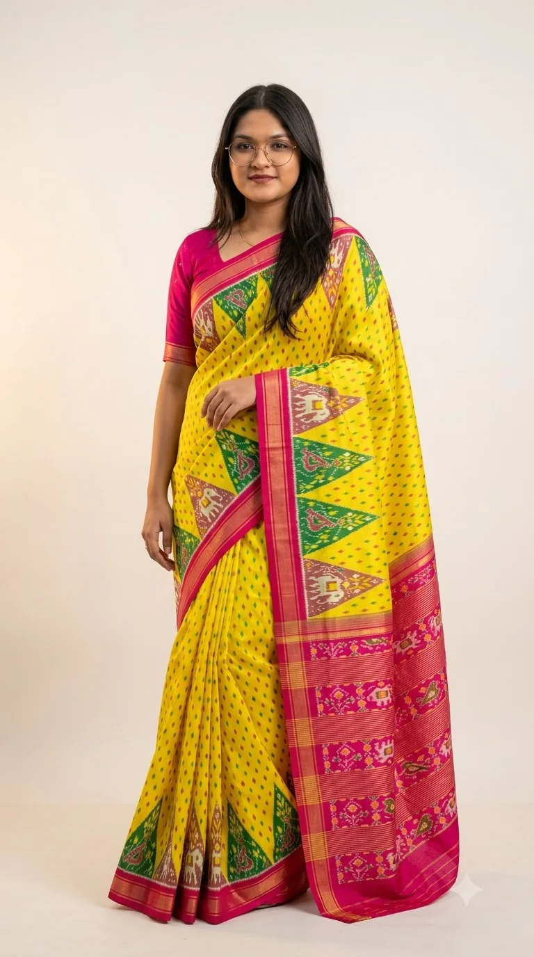 Yellow & Fuchsia Temple Motif Saree, bomkai sarees at Handloom Garden, Swargadwar, Puri