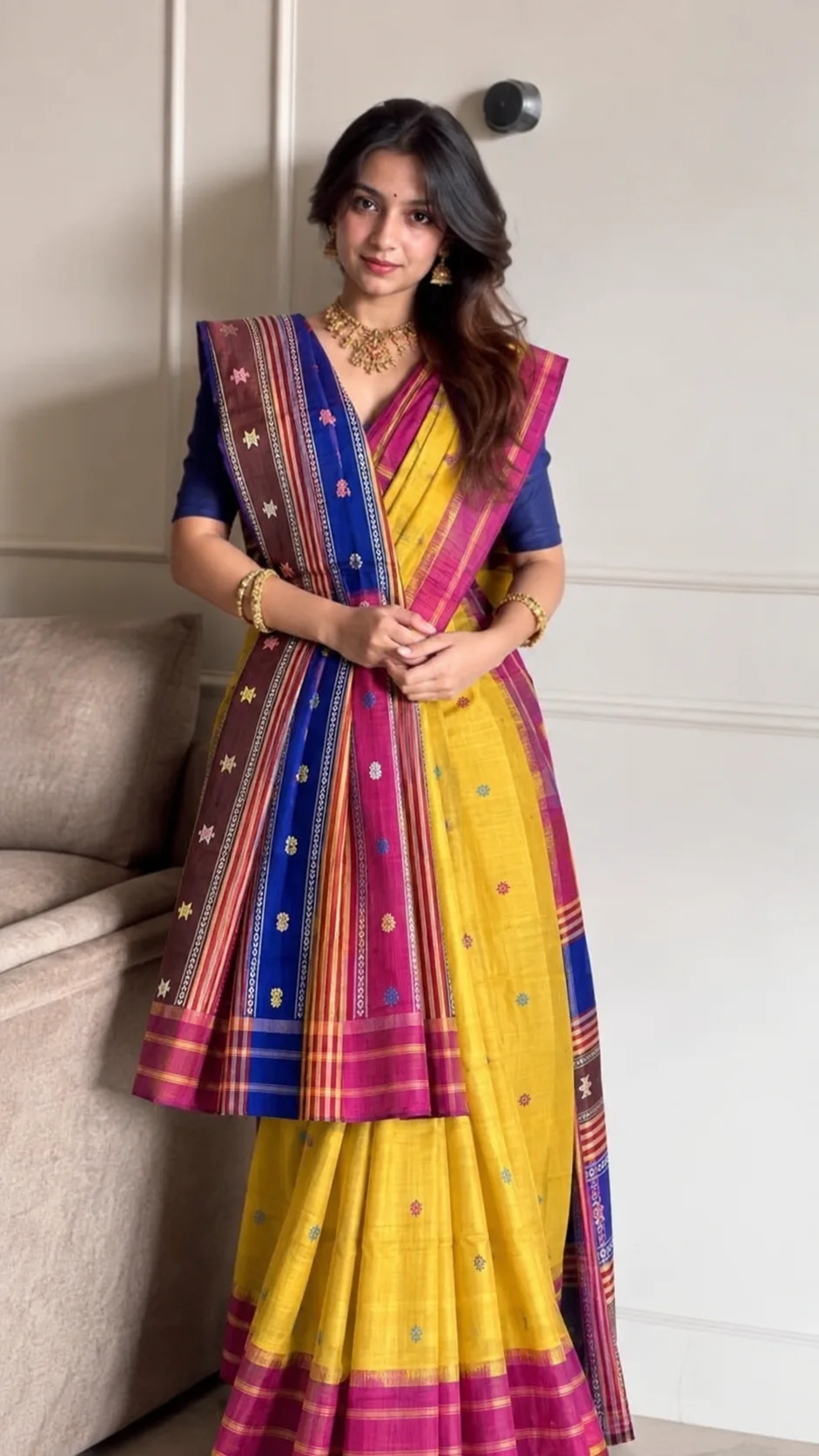Yellow & Royal Blue Handloom Saree, Handloom Classic saree at Handloom Garden Puri