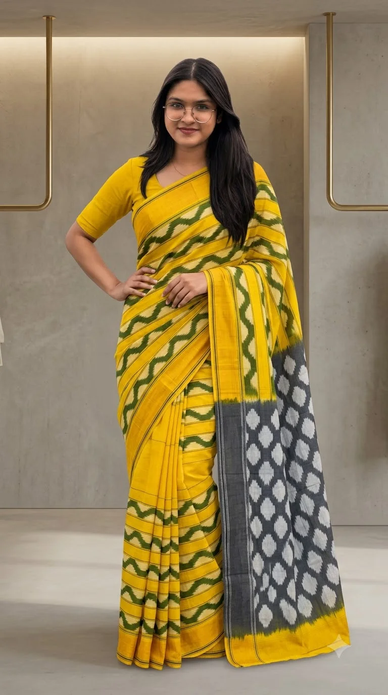 Yellow & Slate Chevron Ikat Saree, odisha ikat sarees at Handloom Garden, Swargadwar, Puri