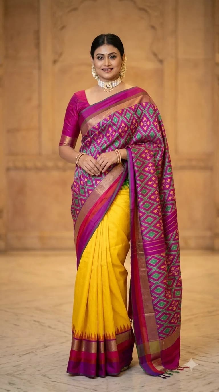 Yellow & Violet Ikat Saree, Odisha Ikat saree at Handloom Garden Puri